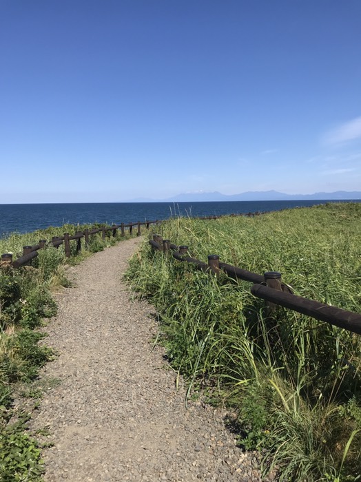 原生花園から知床半島　知床岳と羅臼岳