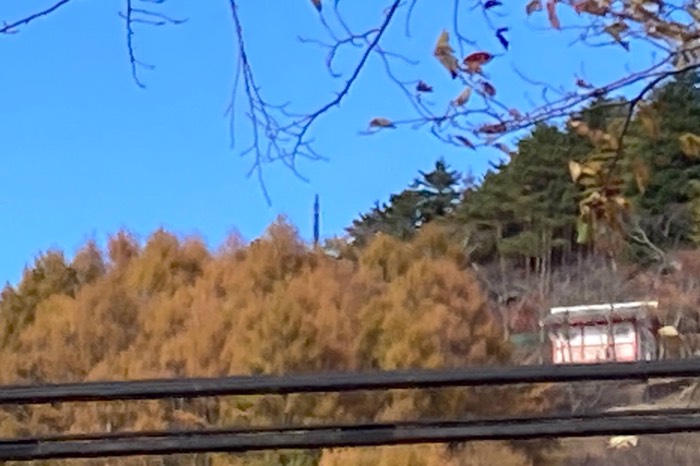 駅のホームから忠霊塔の先っちょが見えます！