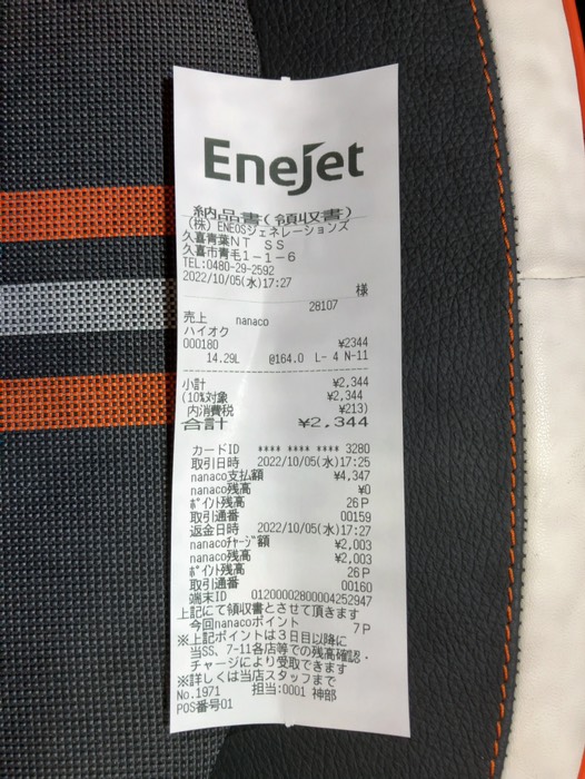 本日のガソリン代