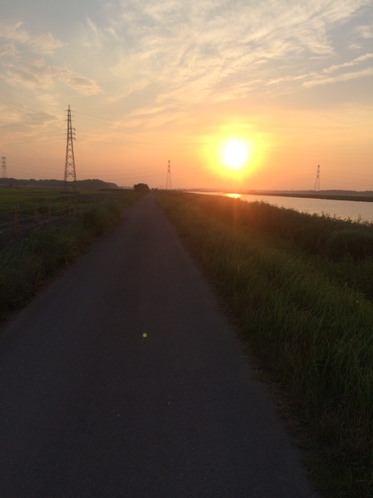 手賀川沿いの自転車道から夕陽をのぞむ