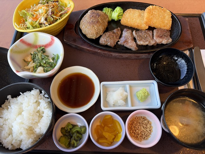 手ごねハンバーグと黒毛和牛のカットステーキ御膳